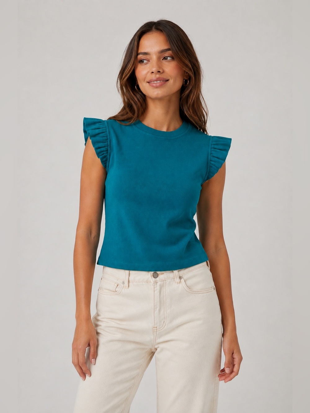 FREE THE ROSES Ruffle Detail Ribbed Knit Top Teal Medium NWT